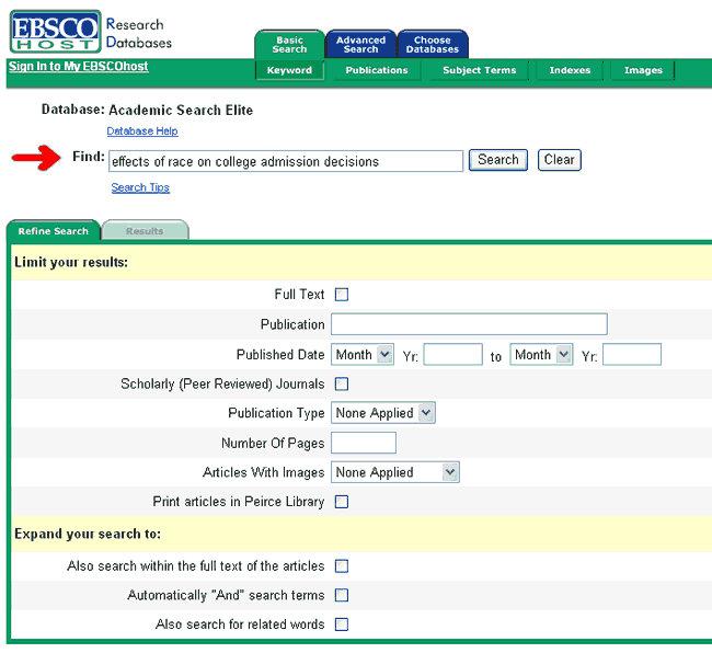 Ebsco search screen.  Searching for "effects of race on college admission decisions" 