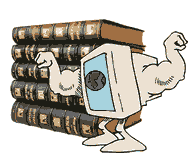 Computer flexing muscles in front of books